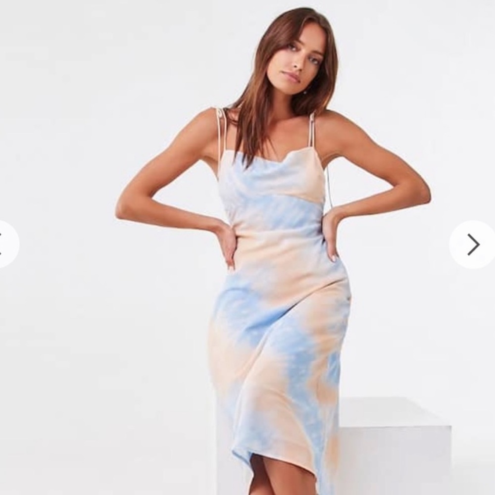 Sweet Sunsets Blue and Orange Tie-Dye Tie-Strap Midi Slip Dress medium